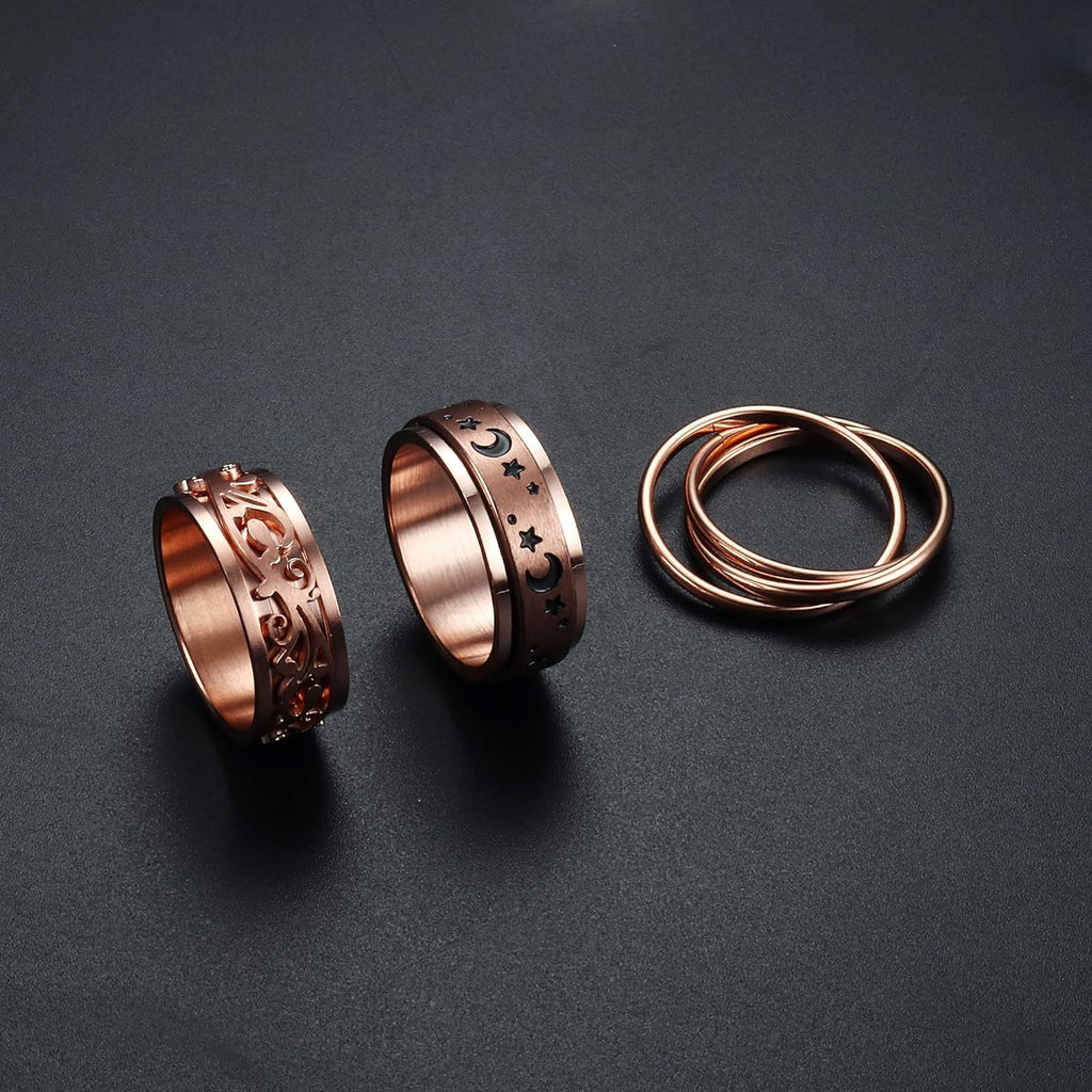 3pcs Rose Golden Spinner Rings for Teenager 316L Stainless Steel Band Rings Set Triple Interlocked Rolling Moon Star Womens Ring for Stress Relieving Wedding Promise, For Teenager