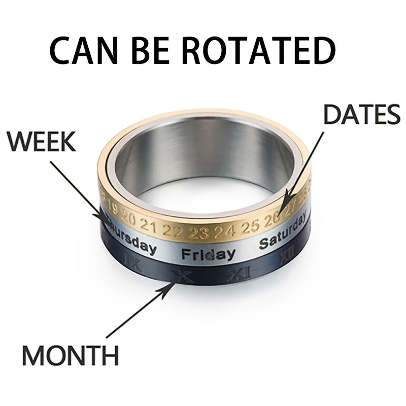 3pcs Punk Spinner Male Date Time Calendar Creative Rotatable Ring with Roman Numerals Men'S Anxiety Fidget Rings, Jewelry Suitable for All Seasons, Daily Unique Gifts, Birthday Anniversaries, Halloween Gifts, Christmas Gifts, Niche and Unique Charm
