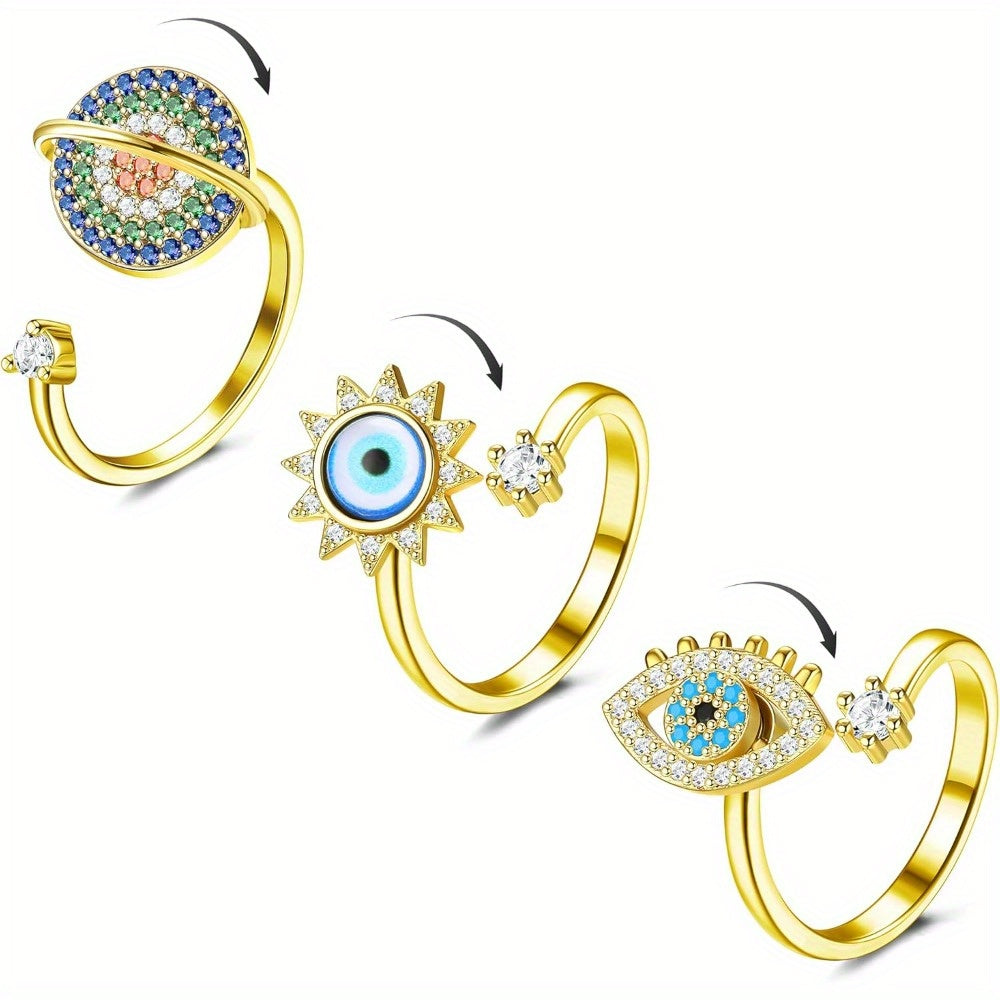 [Evil Eye Anxiety Rings] 3pcs Adjustable Evil Eye Anxiety Rings - Dainty Blue Fidget Spinner Stackable Ring for Teenager