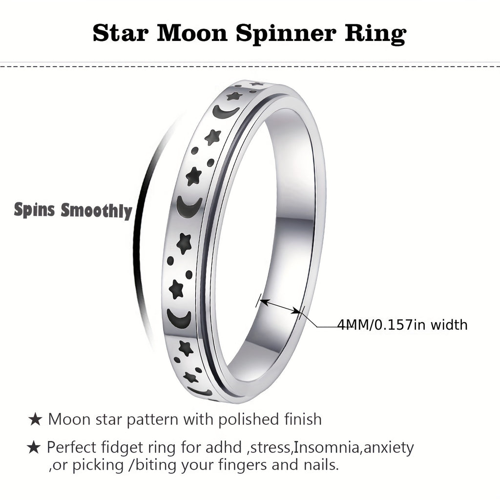 A Trendy 4mm Stainless Steel Rotatable Ring Set - Featuring Moon And Star Design, Available In Various Colors - Perfect For Daily Wear, Ramadan