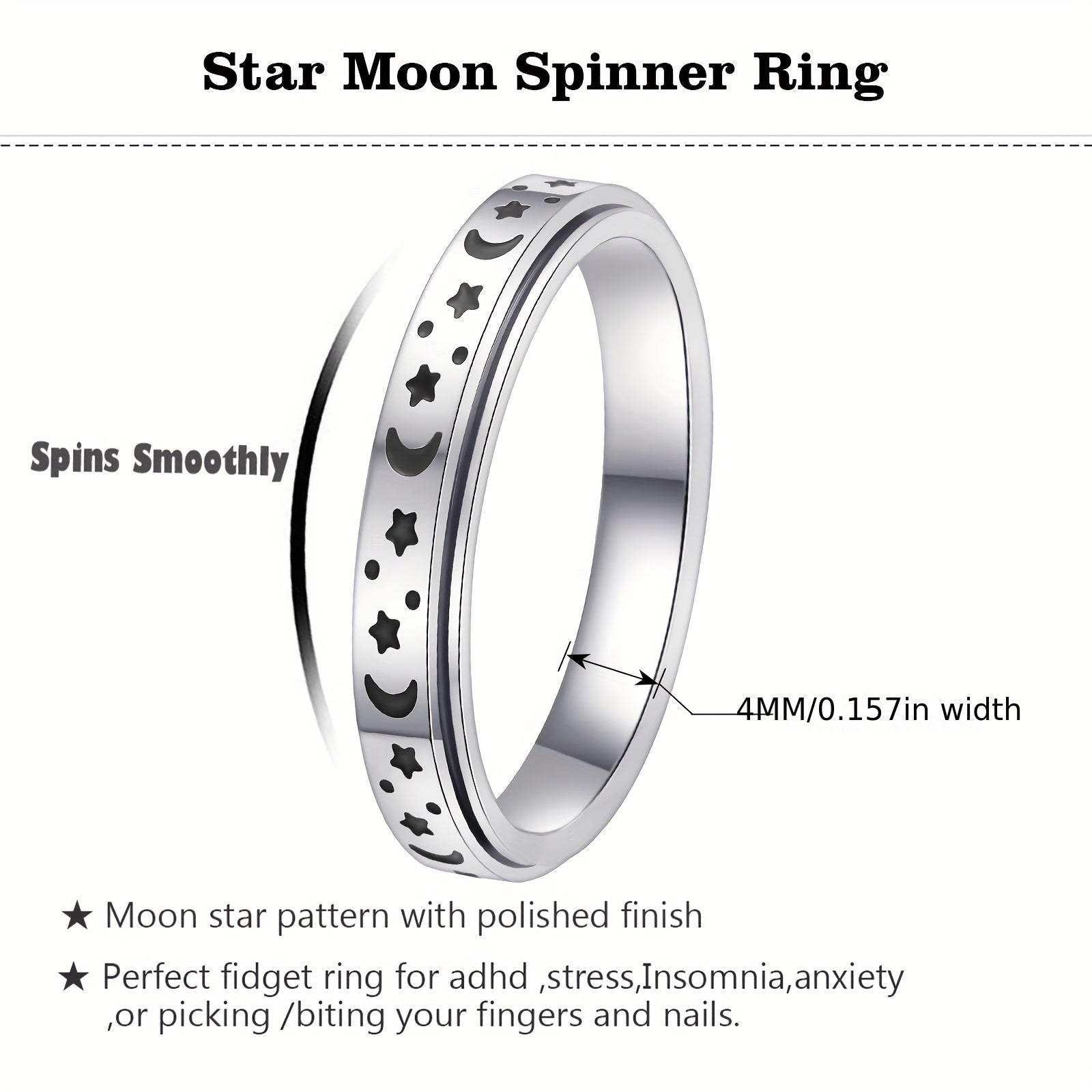 A Trendy 4mm Stainless Steel Rotatable Ring Set - Featuring Moon And Star Design, Available In Various Colors - Perfect For Daily Wear, Ramadan