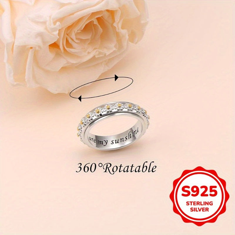 Trendy Rotatable Anxiety Rings Two Tone 925 Sterling Silver Rings for Women Casual Holiday Daisy Flower Rings Jewelry
