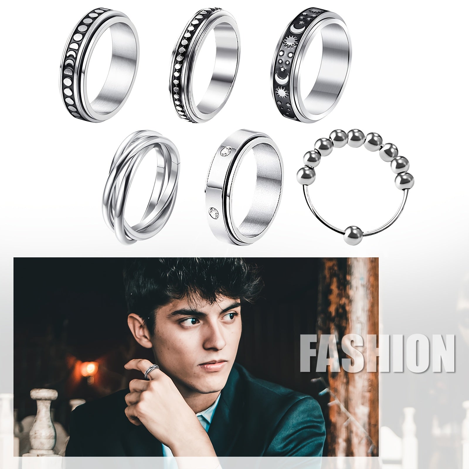 [Anti-Anxiety Fidget Rings] 6pcs Stainless Steel Spinner Fidget Rings | Anti-Anxiety, Design for Casual Attire & Gifting
