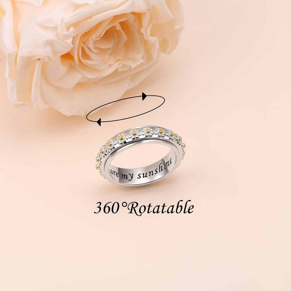 Sterling Silver Daisy Spinner Ring for Anxiety Relief, Stress Relieving Flower Fidget Ring, Elegant Gift for Women - You Are My Sunshine