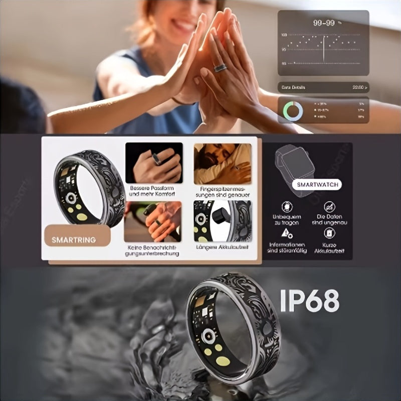 Shearly W9 Retro Smart Ring - Stainless Steel IP68, 3 Sports Modes (Step, Distance, Calories), Sleep Monitoring, Compatible with Android & for iPhone, Perfect Gift for Holidays & Birthdays, Fitness Tracking, Sleek Metallic Finish, Durable Band