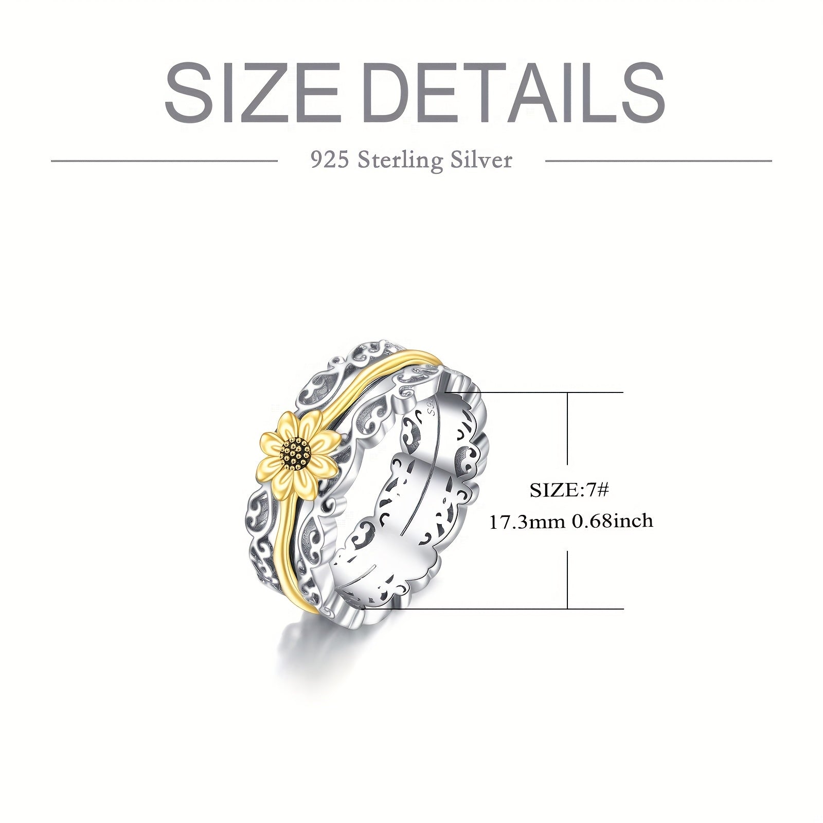[Silver Sunflower Ring] 925 Sterling Silver Sunflower Fidget Rings | 5/6/7/8/9/10/11/12# Spinner Rings For Anxiety Anti Stress Mood Rings Gifts Band Wide For Women