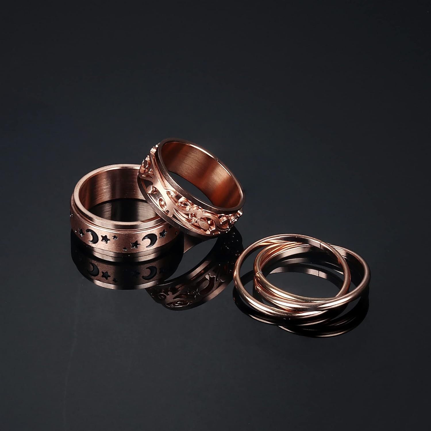 3pcs Rose Golden Spinner Rings for Teenager 316L Stainless Steel Band Rings Set Triple Interlocked Rolling Moon Star Womens Ring for Stress Relieving Wedding Promise, For Teenager