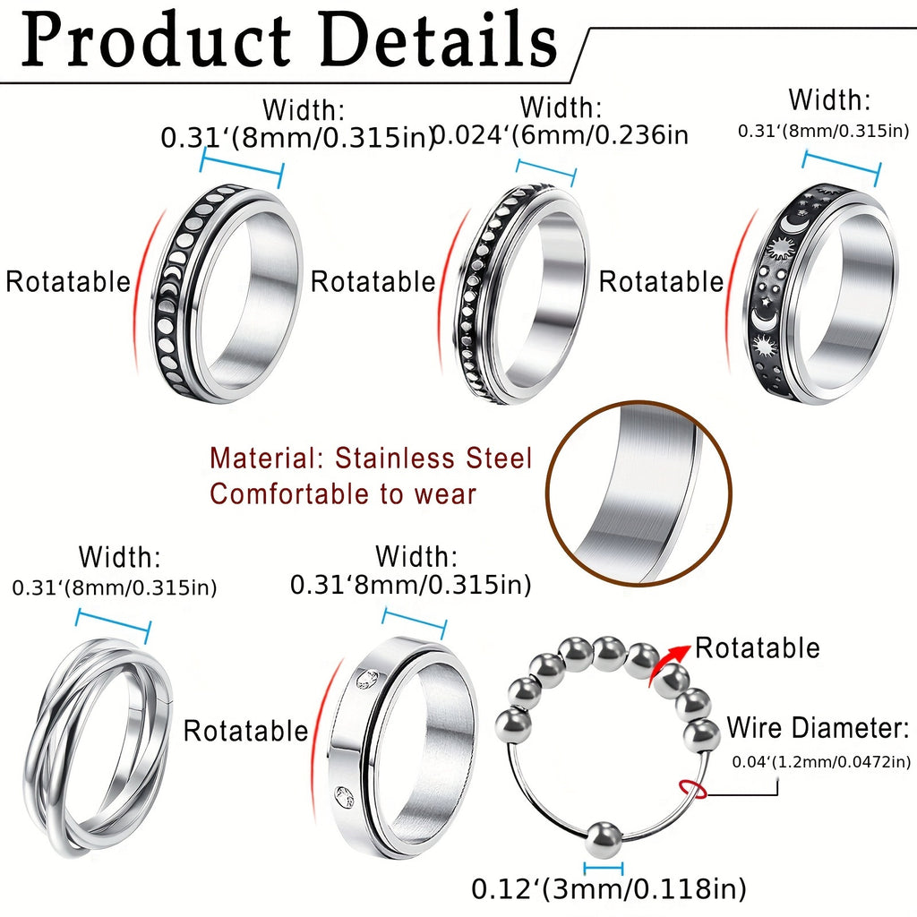 [Anti-Anxiety Fidget Rings] 6pcs Stainless Steel Spinner Fidget Rings | Anti-Anxiety, Design for Casual Attire & Gifting