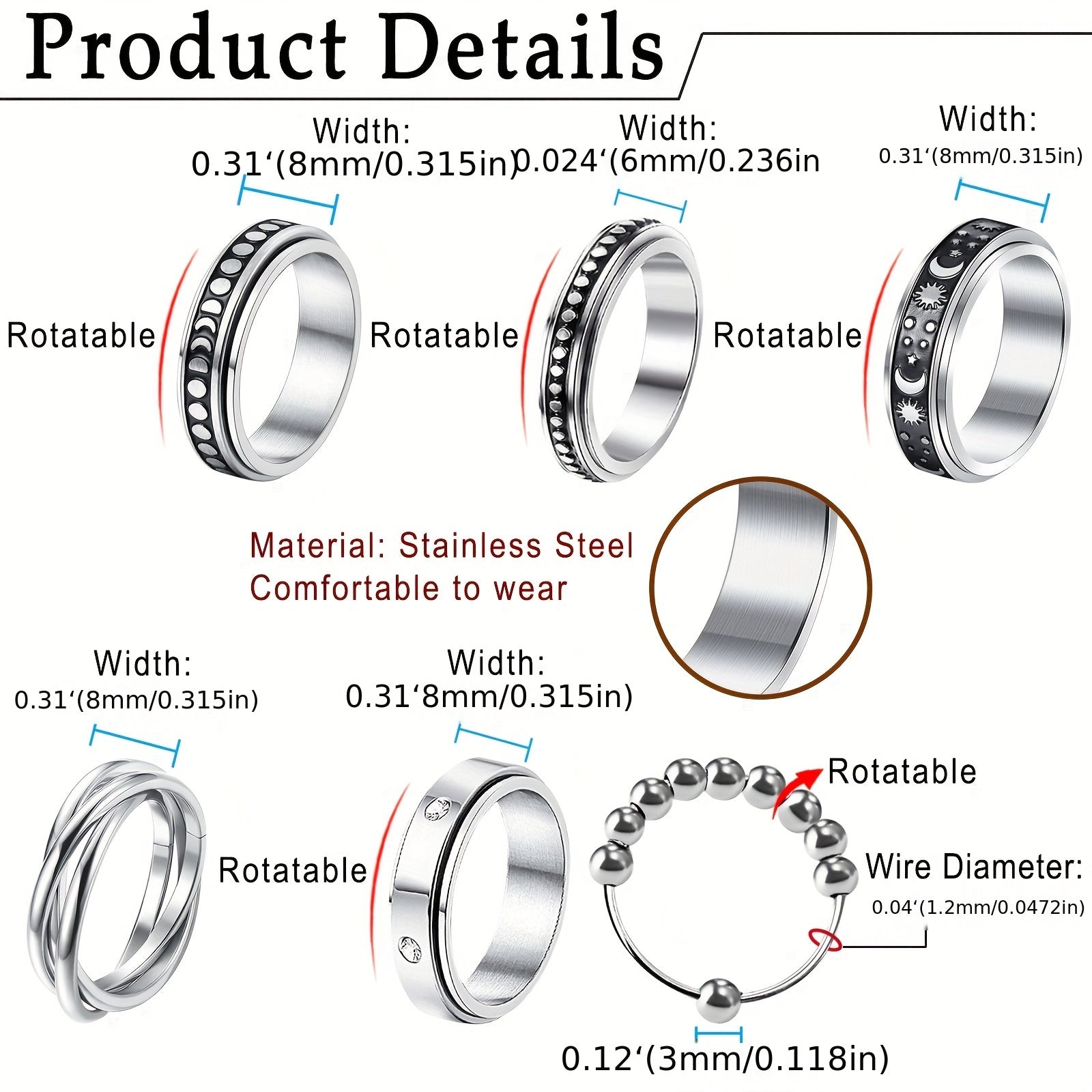 [Anti-Anxiety Fidget Rings] 6pcs Stainless Steel Spinner Fidget Rings | Anti-Anxiety, Design for Casual Attire & Gifting