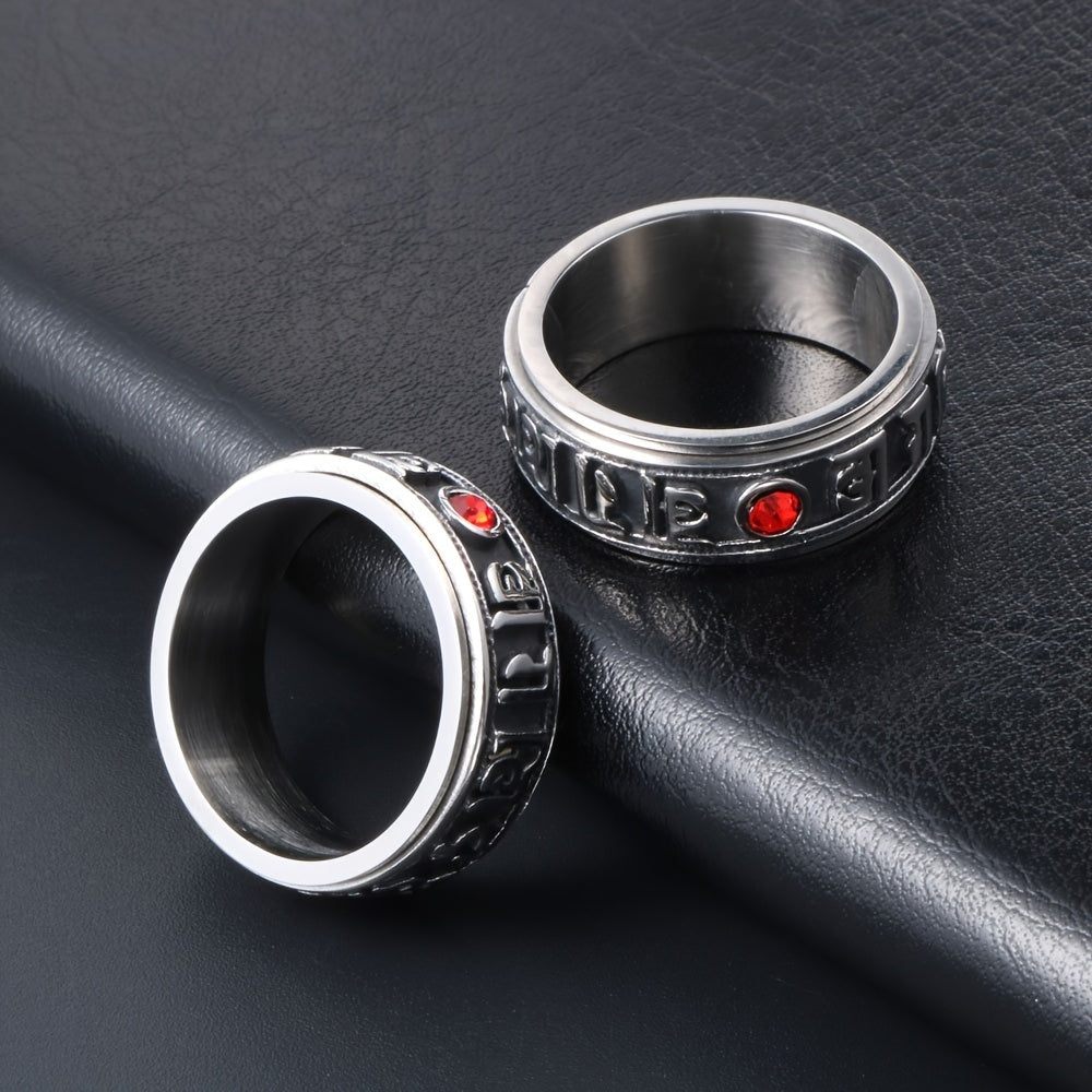 1pc Boho Style Rotatable Mantra Ring with Red Synthetic Faux Gemstone, 304 Stainless Steel Band, Unisex Fashion Accessory