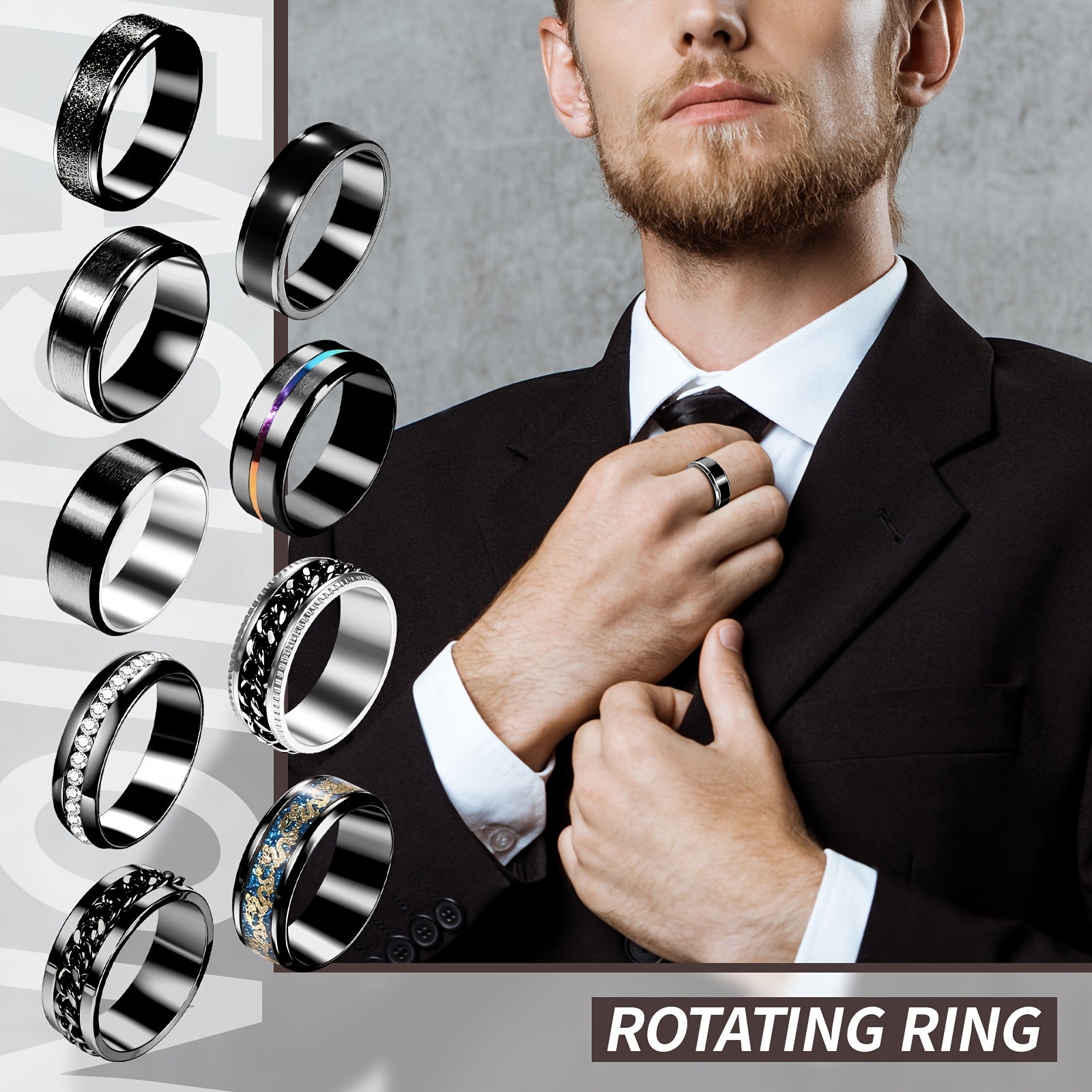 Men'S Stainless Steel Fidget Spinner Rings: Cool Rotating Ring Set - Black Omnidirectional Stainless Steel Anxiety Rings Set of 9