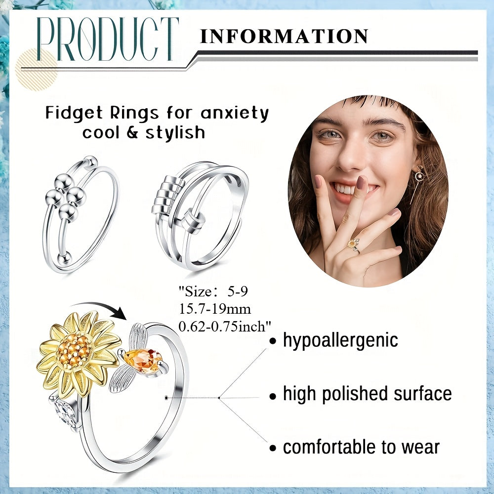 9pcs Spinner Bead Rings - Rotatable Adjustable Jewelry with Sunflower, Floral, Bead Designs - Stackable Layered look - Everyday & Formal Events - Durable Bead Construction - Elegant Teenager'S Fashion Rings for Parties, Weddings, Casual Attire -