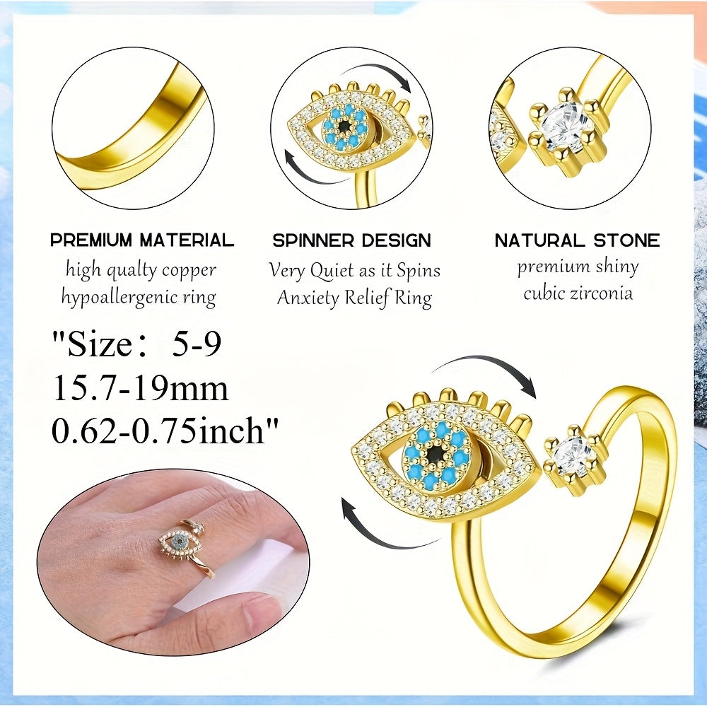[Evil Eye Anxiety Rings] 3pcs Adjustable Evil Eye Anxiety Rings - Dainty Blue Fidget Spinner Stackable Ring for Teenager