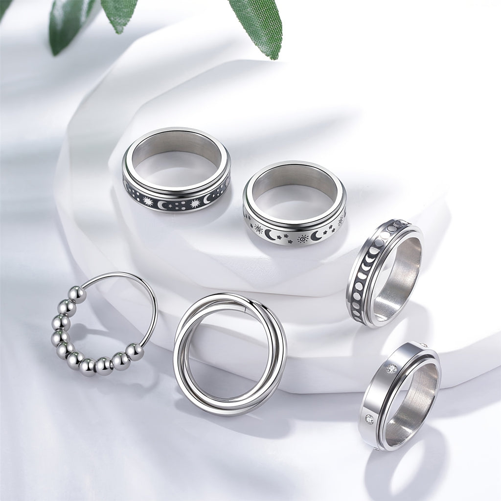 [Anti-Anxiety Fidget Rings] 6pcs Stainless Steel Spinner Fidget Rings | Anti-Anxiety, Design for Casual Attire & Gifting