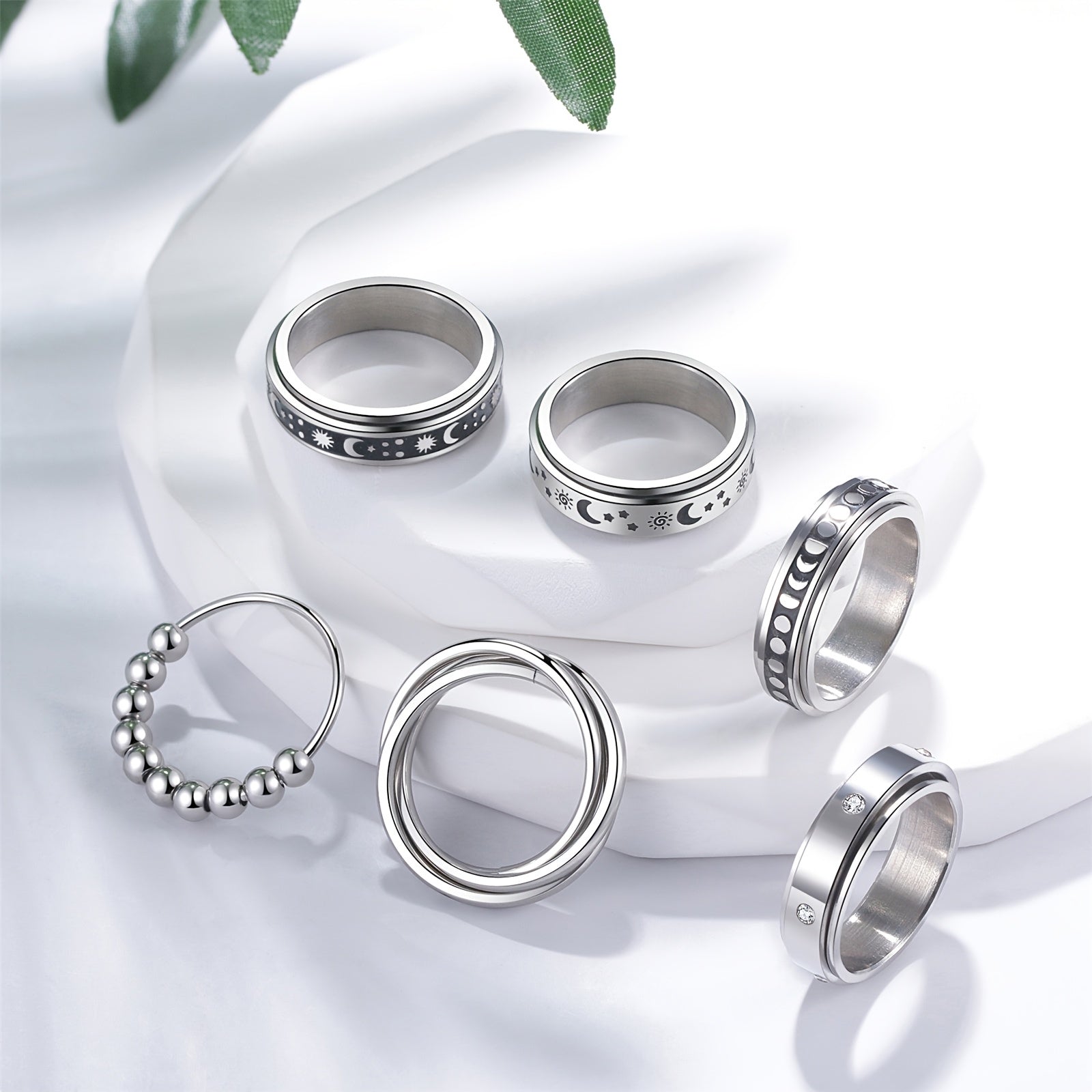 [Anti-Anxiety Fidget Rings] 6pcs Stainless Steel Spinner Fidget Rings | Anti-Anxiety, Design for Casual Attire & Gifting