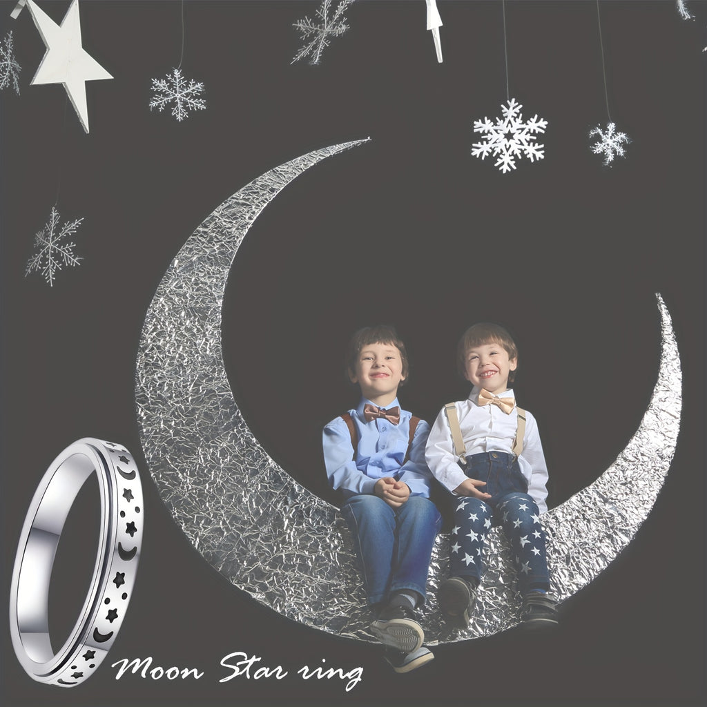 A Trendy 4mm Stainless Steel Rotatable Ring Set - Featuring Moon And Star Design, Available In Various Colors - Perfect For Daily Wear, Ramadan