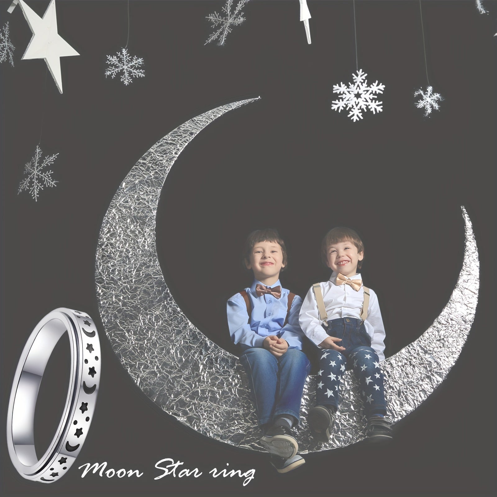 A Trendy 4mm Stainless Steel Rotatable Ring Set - Featuring Moon And Star Design, Available In Various Colors - Perfect For Daily Wear, Ramadan