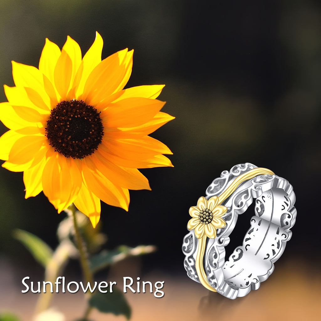 [Silver Sunflower Ring] 925 Sterling Silver Sunflower Fidget Rings | 5/6/7/8/9/10/11/12# Spinner Rings For Anxiety Anti Stress Mood Rings Gifts Band Wide For Women
