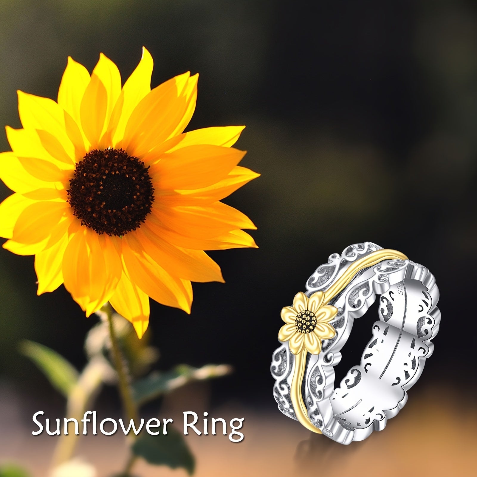 [Silver Sunflower Ring] 925 Sterling Silver Sunflower Fidget Rings | 5/6/7/8/9/10/11/12# Spinner Rings For Anxiety Anti Stress Mood Rings Gifts Band Wide For Women