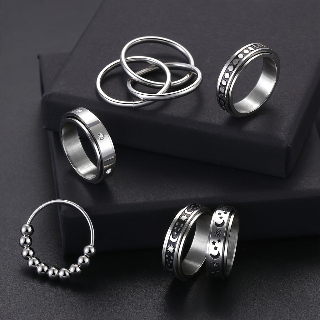 [Anti-Anxiety Fidget Rings] 6pcs Stainless Steel Spinner Fidget Rings | Anti-Anxiety, Design for Casual Attire & Gifting