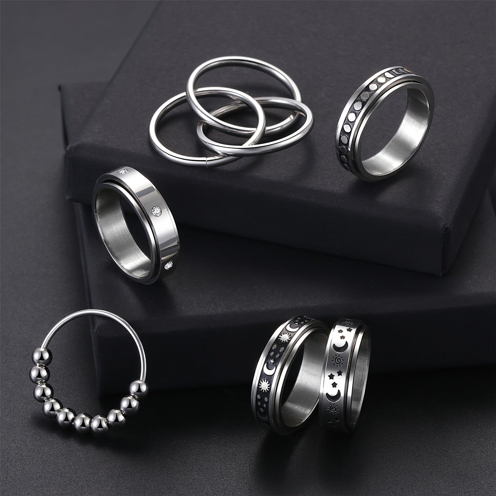 [Anti-Anxiety Fidget Rings] 6pcs Stainless Steel Spinner Fidget Rings | Anti-Anxiety, Design for Casual Attire & Gifting