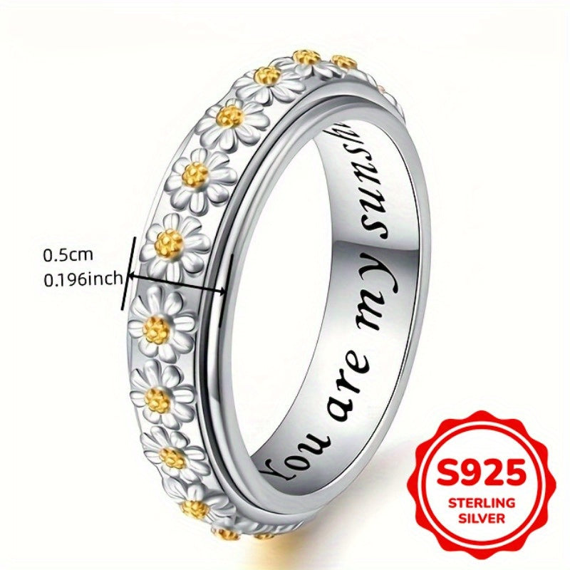 Trendy Rotatable Anxiety Rings Two Tone 925 Sterling Silver Rings for Women Casual Holiday Daisy Flower Rings Jewelry