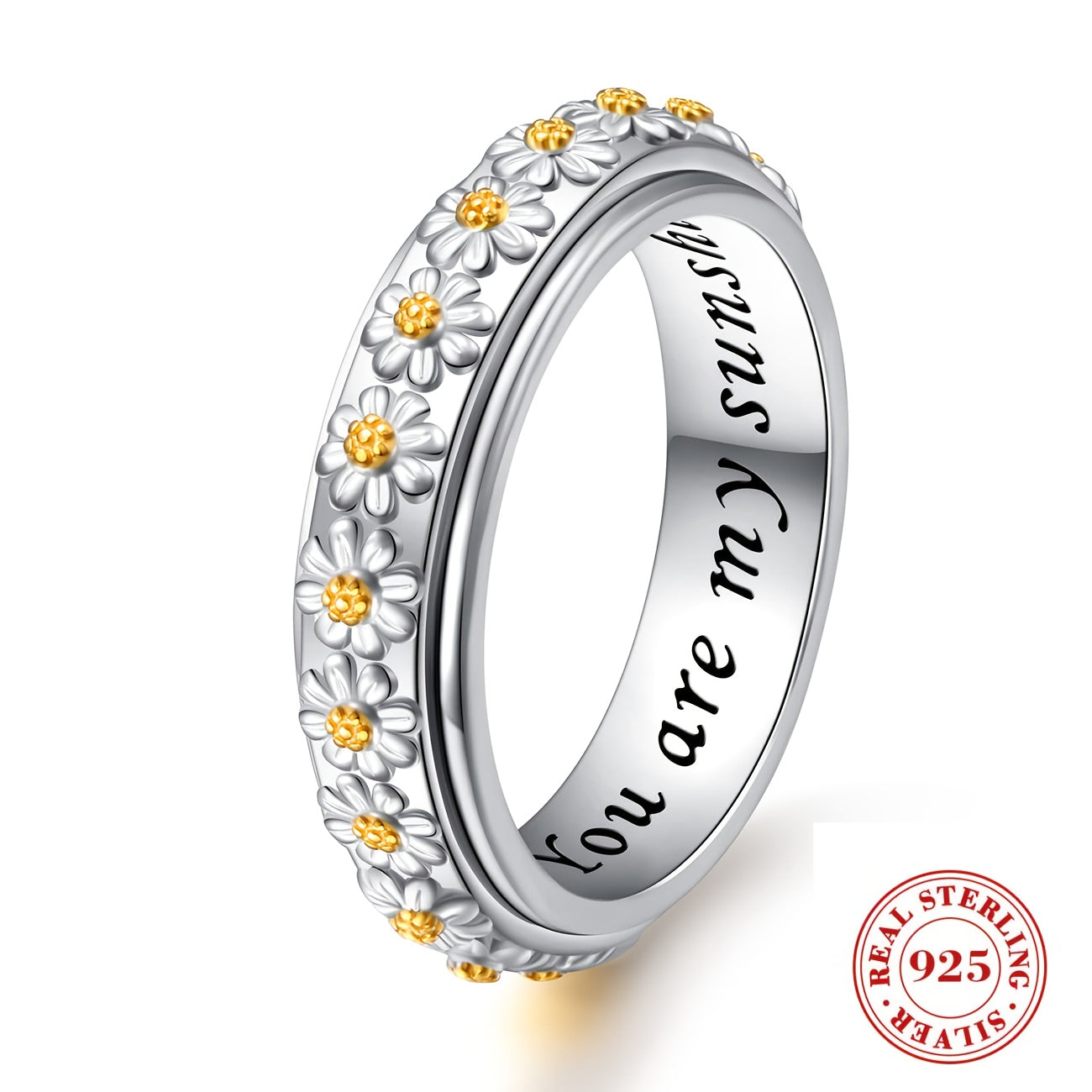 Sterling Silver Daisy Spinner Ring for Anxiety Relief, Stress Relieving Flower Fidget Ring, Elegant Gift for Women - You Are My Sunshine
