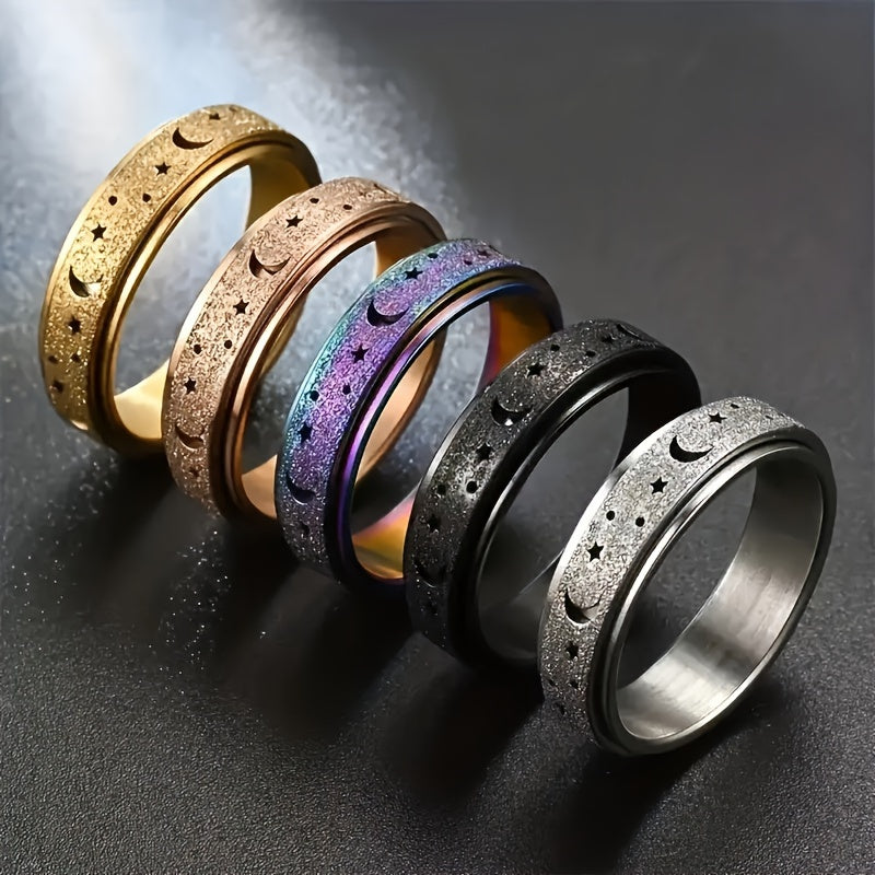 5pcs/ set of new creative Stainless Steel rotatable rings, fashionable moon and star design rings, multiple colors to choose from, paired with daily clothing