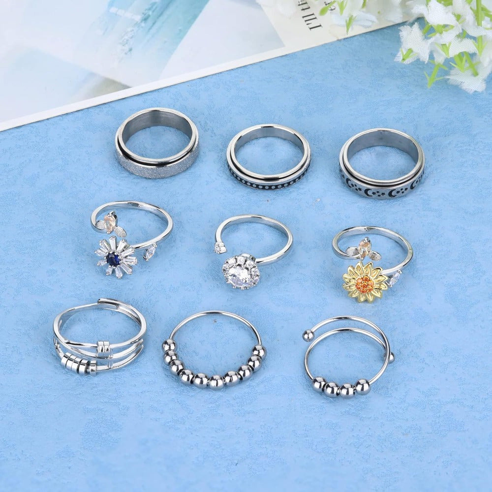 9pcs Spinner Bead Rings - Rotatable Adjustable Jewelry with Sunflower, Floral, Bead Designs - Stackable Layered look - Everyday & Formal Events - Durable Bead Construction - Elegant Teenager'S Fashion Rings for Parties, Weddings, Casual Attire -