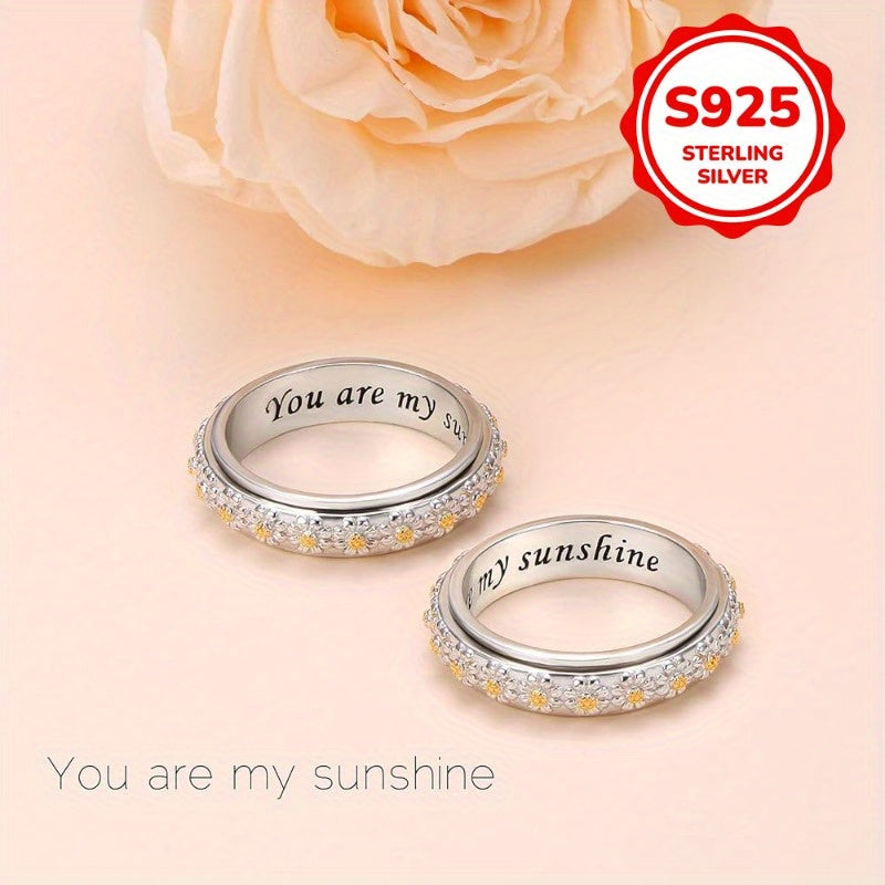 Trendy Rotatable Anxiety Rings Two Tone 925 Sterling Silver Rings for Women Casual Holiday Daisy Flower Rings Jewelry