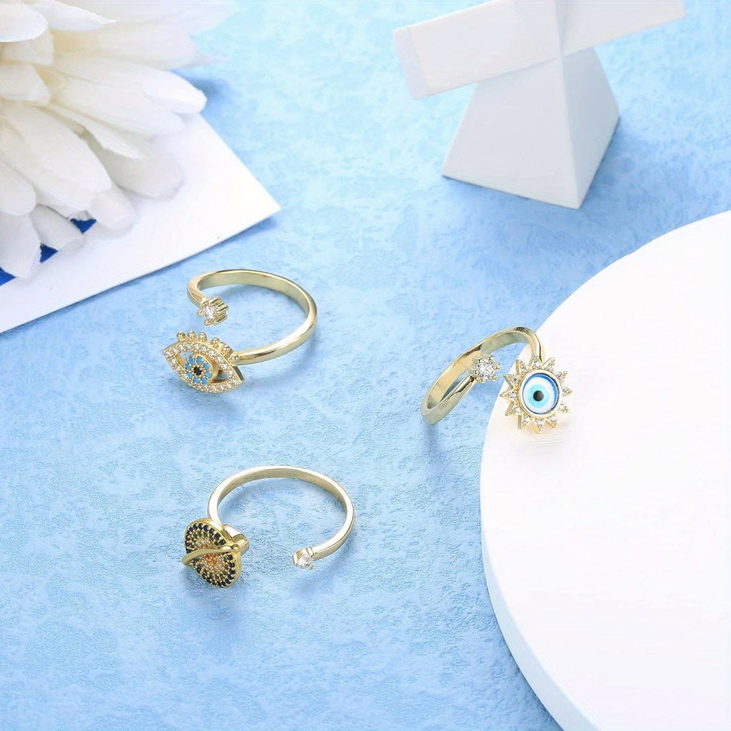 [Evil Eye Anxiety Rings] 3pcs Adjustable Evil Eye Anxiety Rings - Dainty Blue Fidget Spinner Stackable Ring for Teenager