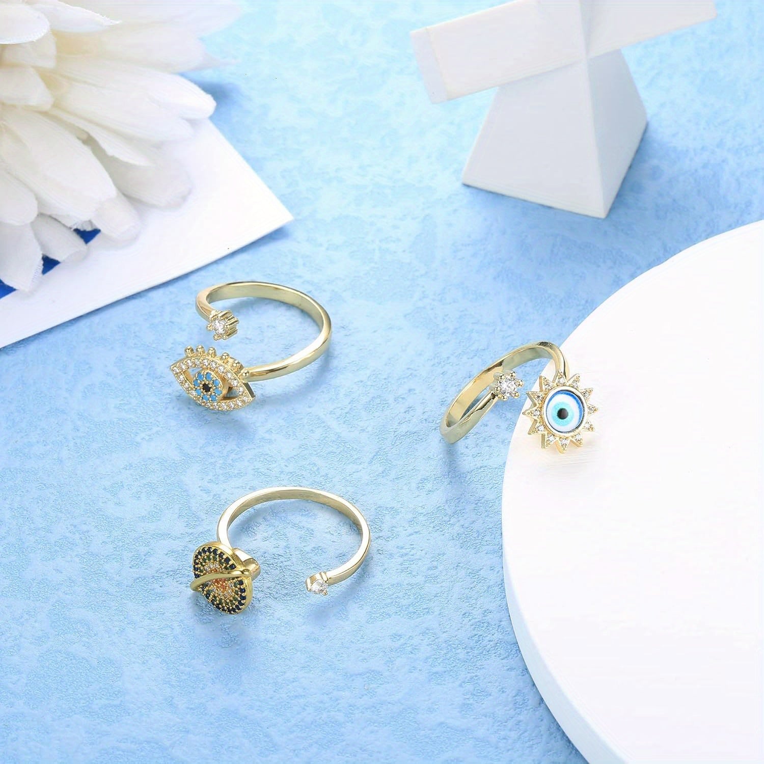 [Evil Eye Anxiety Rings] 3pcs Adjustable Evil Eye Anxiety Rings - Dainty Blue Fidget Spinner Stackable Ring for Teenager