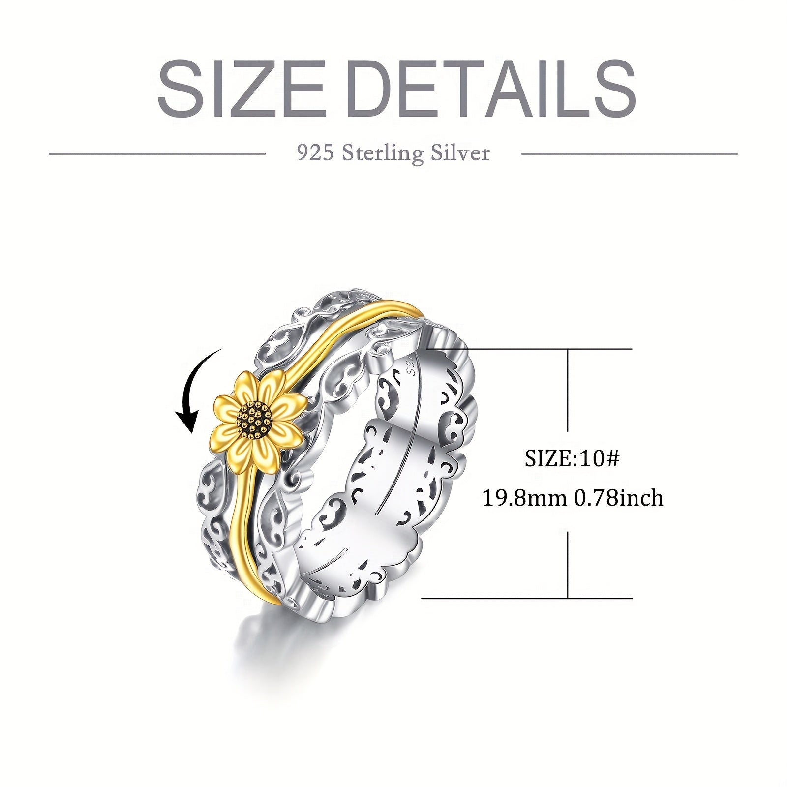 [Silver Sunflower Ring] 925 Sterling Silver Sunflower Fidget Rings | 5/6/7/8/9/10/11/12# Spinner Rings For Anxiety Anti Stress Mood Rings Gifts Band Wide For Women