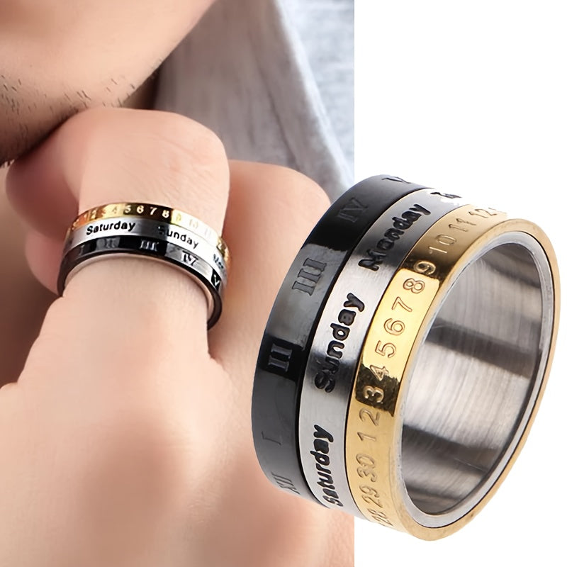 3pcs Punk Spinner Male Date Time Calendar Creative Rotatable Ring with Roman Numerals Men'S Anxiety Fidget Rings, Jewelry Suitable for All Seasons, Daily Unique Gifts, Birthday Anniversaries, Halloween Gifts, Christmas Gifts, Niche and Unique Charm