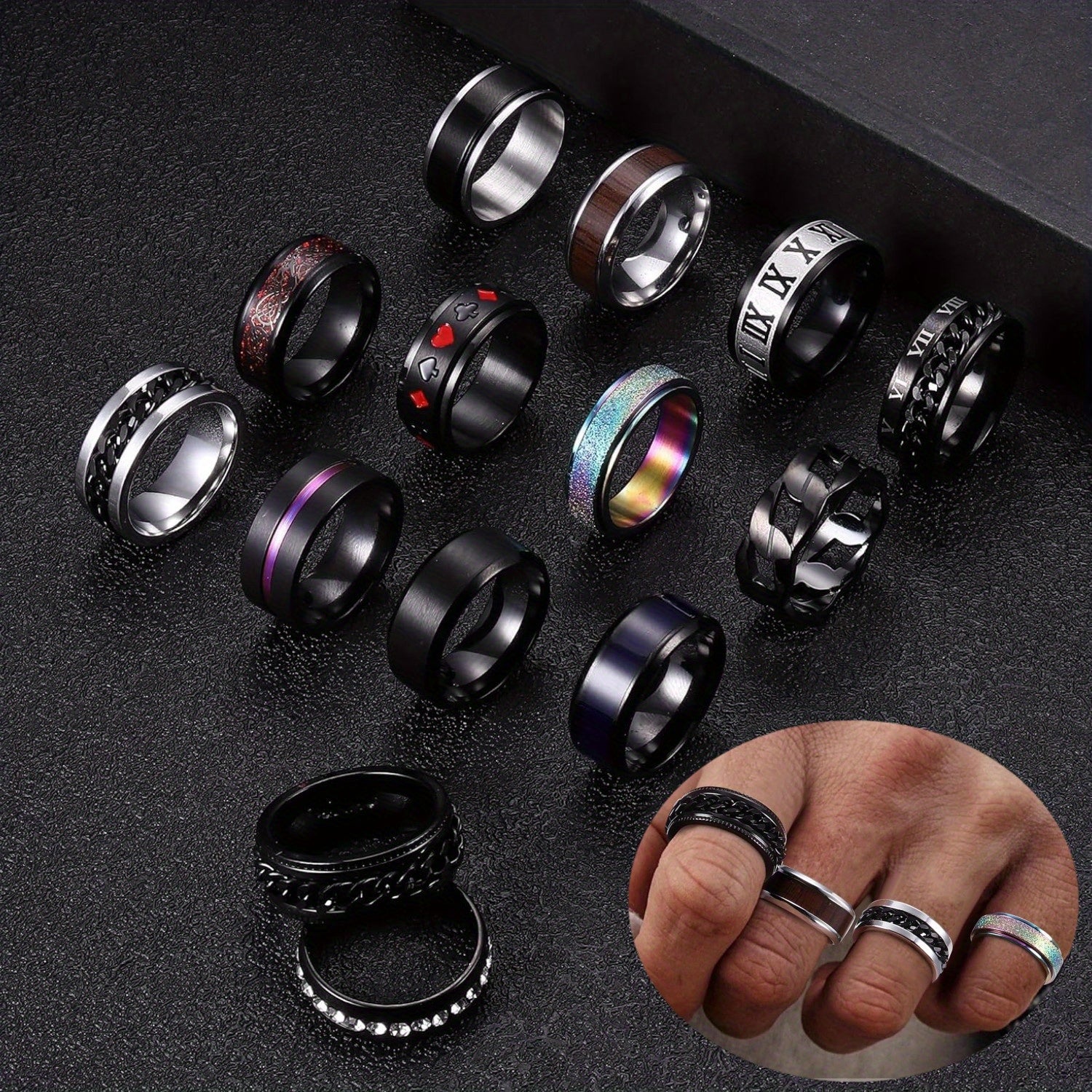 [Stainless Steel Fidget Rings] 16pcs Stainless Steel Fidget Rings | Stress Anxiety Relief Spinner Rings with Black Cool Chain Band Design, Fashion Accessory Set for Wedding Promises, Casual Attire & Gift-Giving