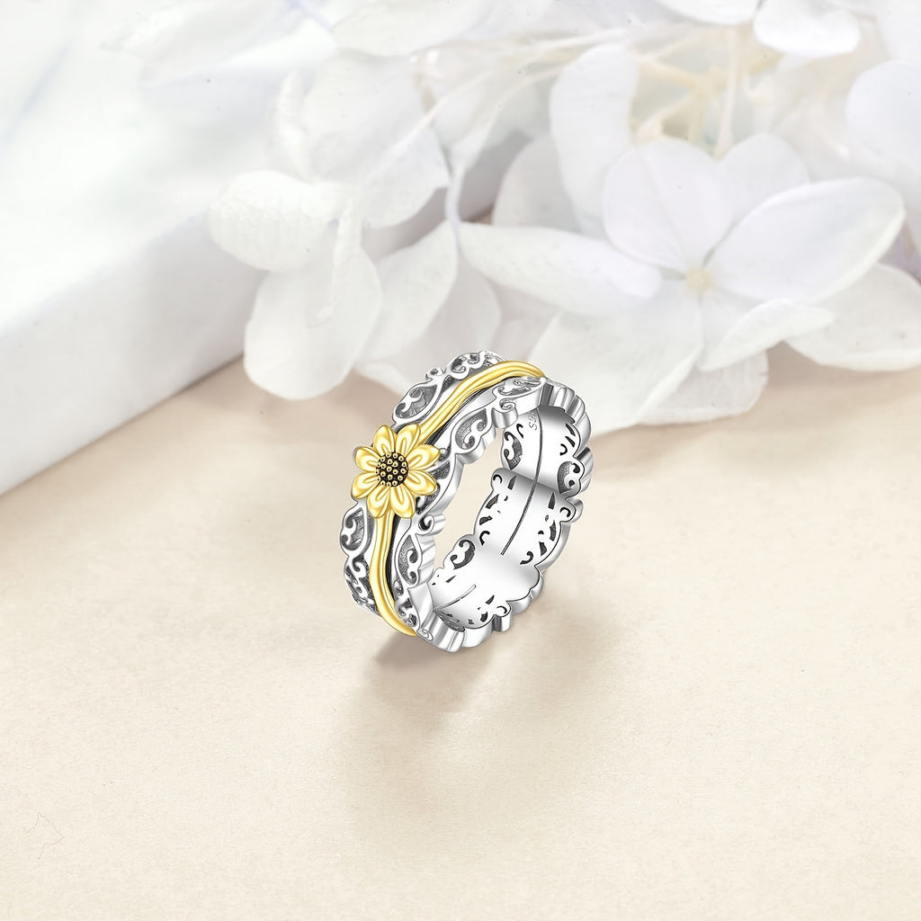 [Silver Sunflower Ring] 925 Sterling Silver Sunflower Fidget Rings | 5/6/7/8/9/10/11/12# Spinner Rings For Anxiety Anti Stress Mood Rings Gifts Band Wide For Women