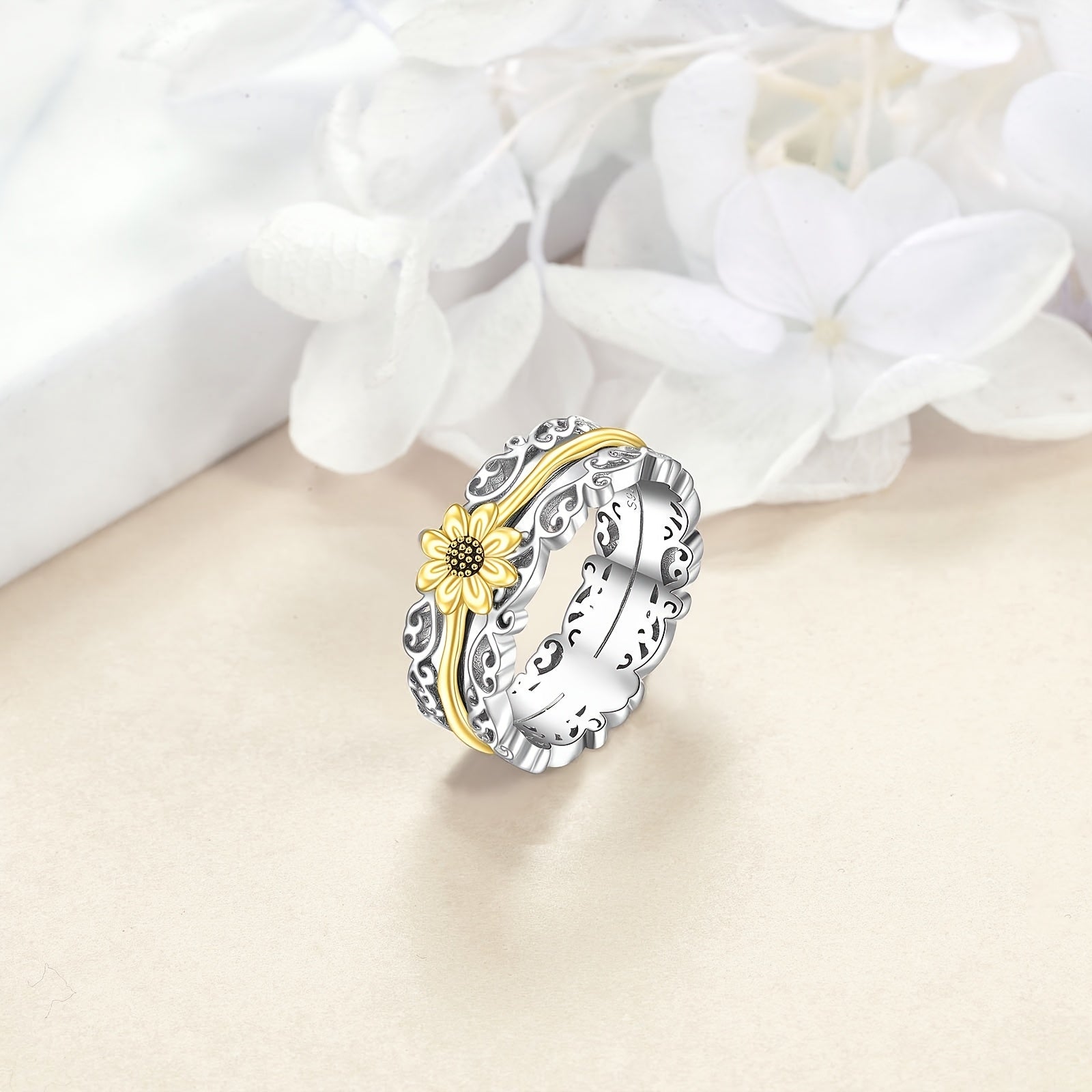 [Silver Sunflower Ring] 925 Sterling Silver Sunflower Fidget Rings | 5/6/7/8/9/10/11/12# Spinner Rings For Anxiety Anti Stress Mood Rings Gifts Band Wide For Women
