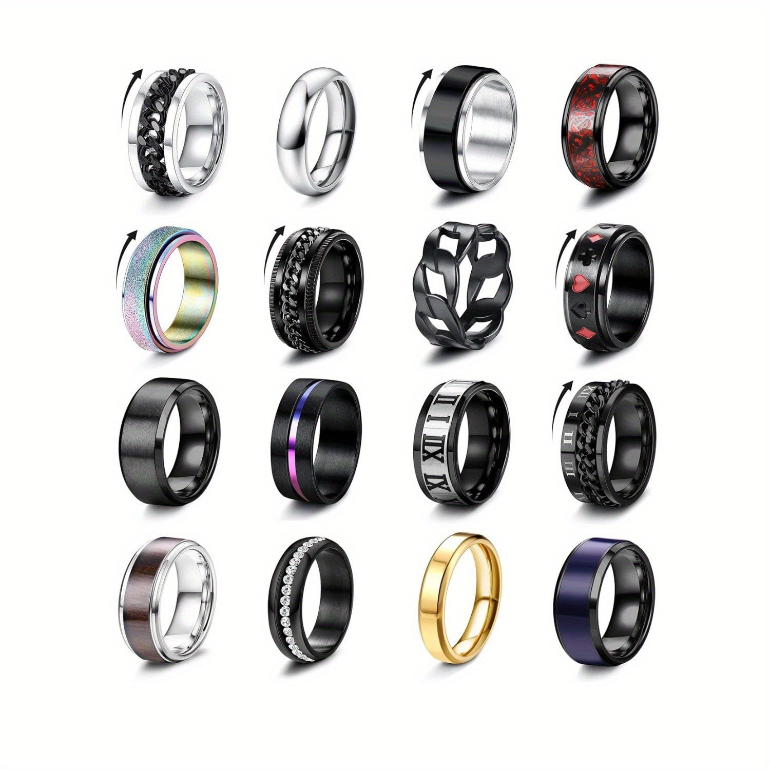 [Stainless Steel Fidget Rings] 16pcs Stainless Steel Fidget Rings | Stress Anxiety Relief Spinner Rings with Black Cool Chain Band Design, Fashion Accessory Set for Wedding Promises, Casual Attire & Gift-Giving