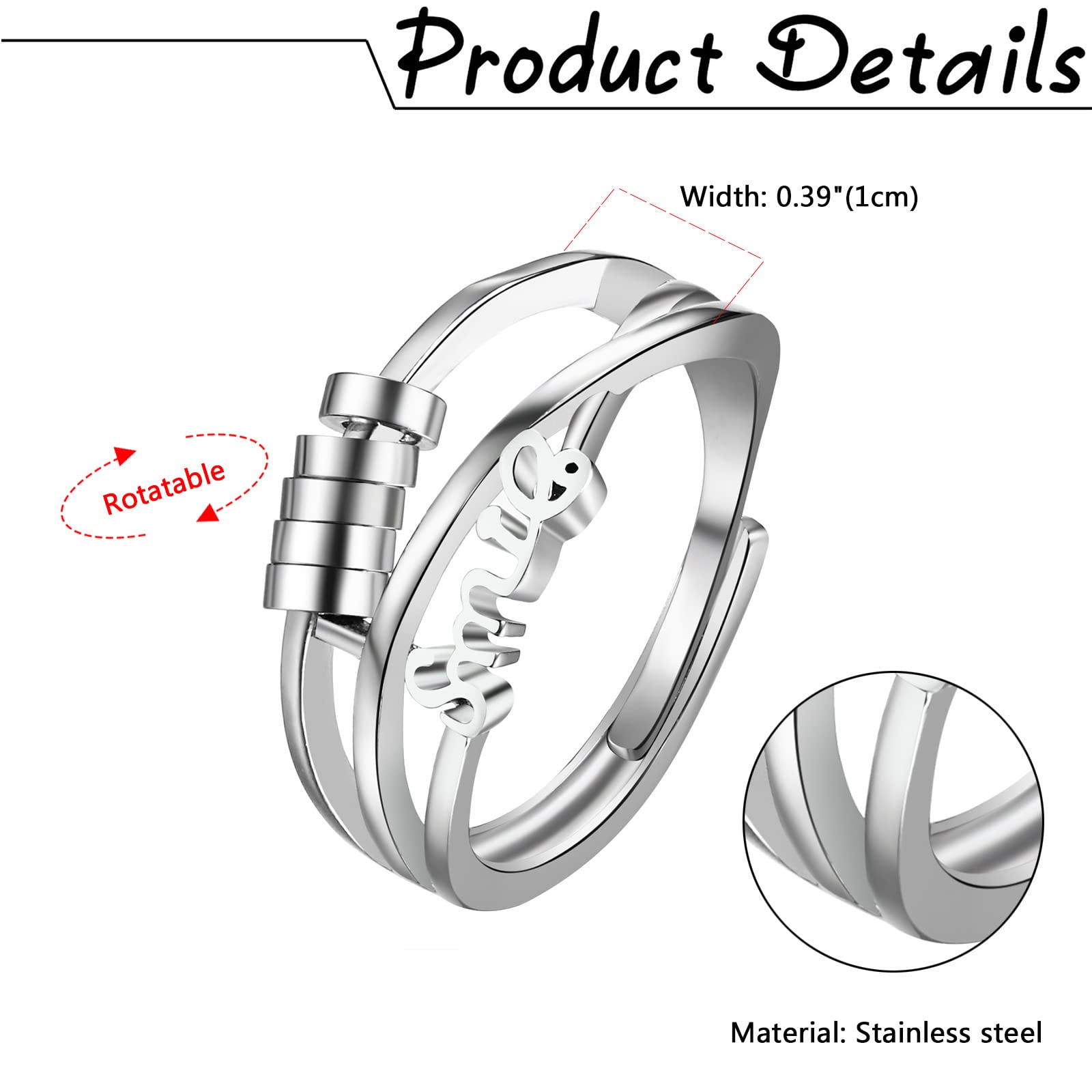 1pc JewelryWe Women's Hypoallergenic Stainless Steel Anxiety Fidget Spinner Ring - Adjustable Open Thumb Ring with Spinner Mechanism, Sensory Fidget, Durable & Rustproof for Casual Attire, Ideal Gift for Christmas, Weddings, Birthdays, Jewelry for Women